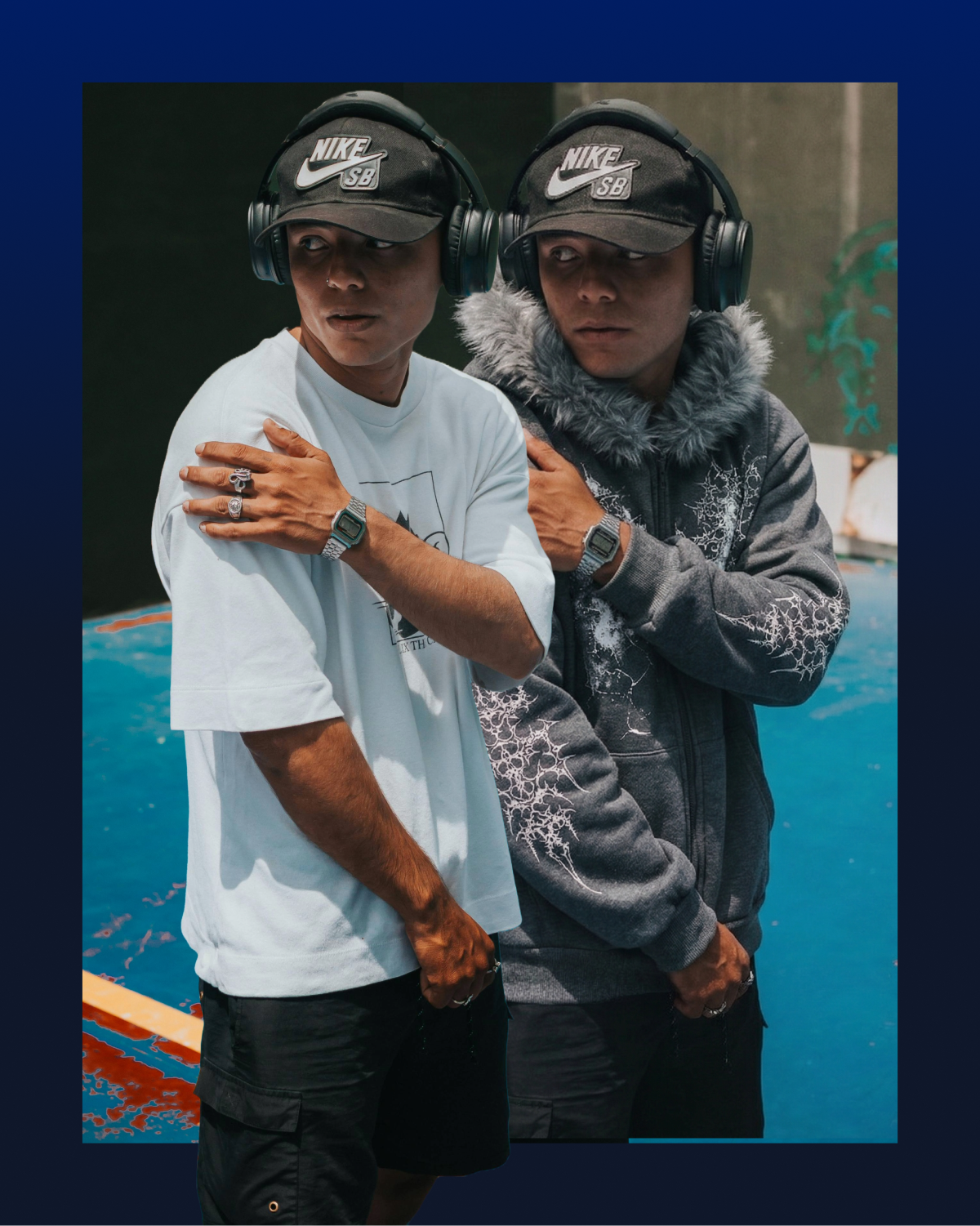 Two people wearing different streetwear outfits side by side — comparing clothing styles with virtual try-on