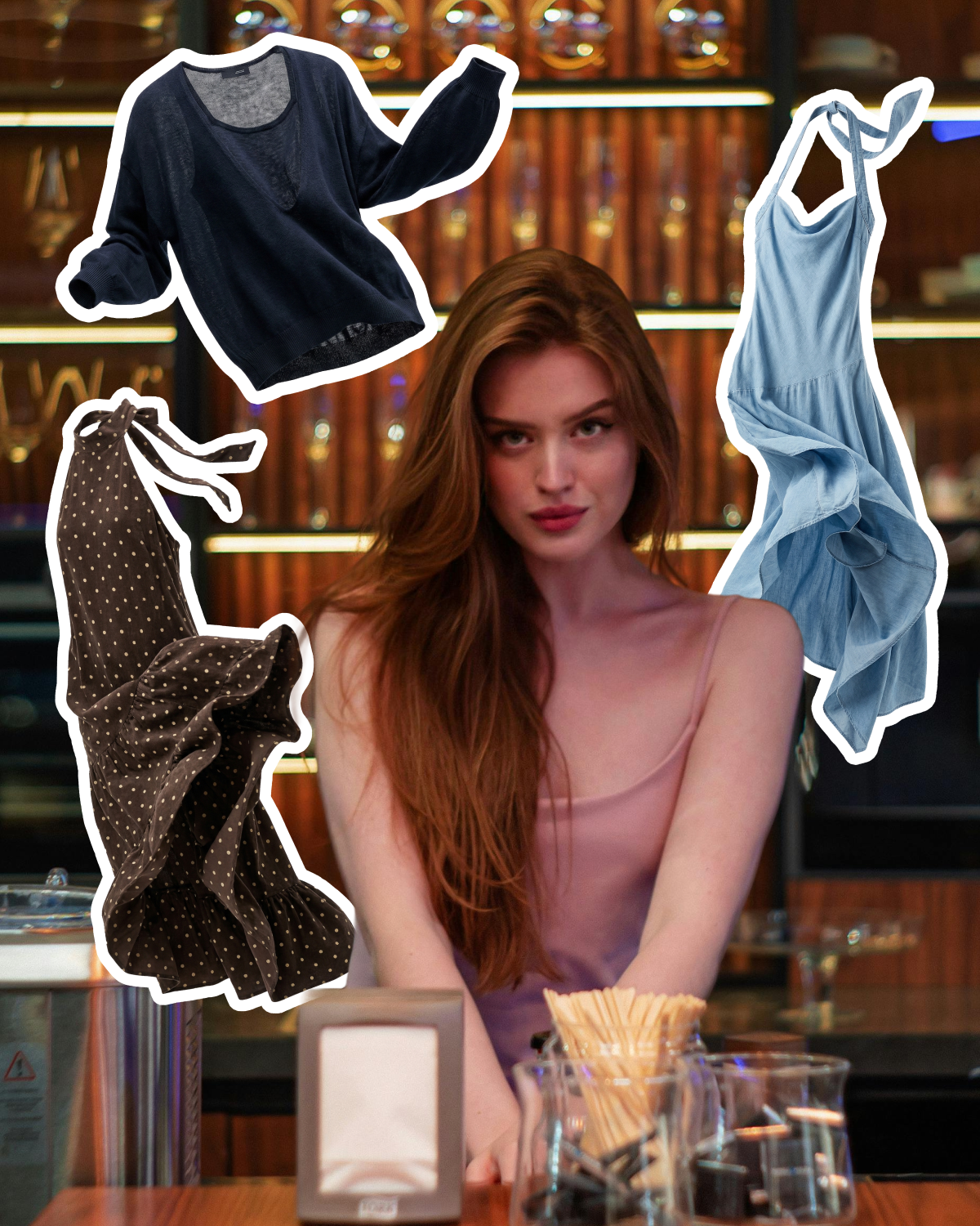 Young woman at a bar surrounded by floating dress options — planning an outfit for a special event virtually