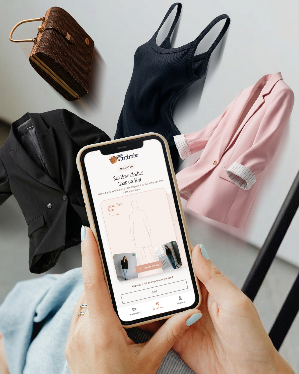 Woman holding a phone with the Ask My Wardrobe virtual try-on app surrounded by clothing items