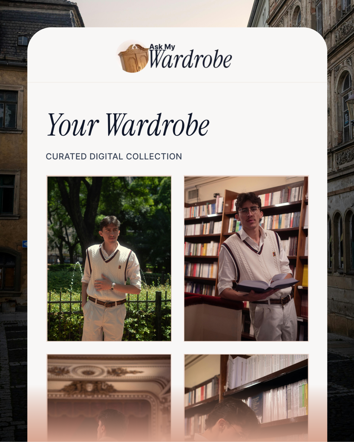 App screen showing a personal lookbook with saved outfit photos — virtual try-on wardrobe organizer