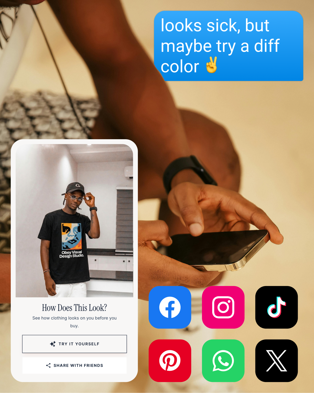 Man sharing a virtual try-on outfit preview on his phone with social media sharing options visible