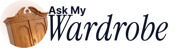 Ask My Wardrobe logo featuring a classic wooden wardrobe icon and elegant typography, representing the virtual try on clothes platform for outfit planning, styling, and digital wardrobe organization