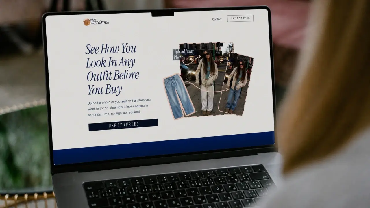 Laptop displaying the Ask My Wardrobe homepage with virtual try-on clothes feature, showing how users can upload their photo and clothing item to see how they look in any outfit before buying online