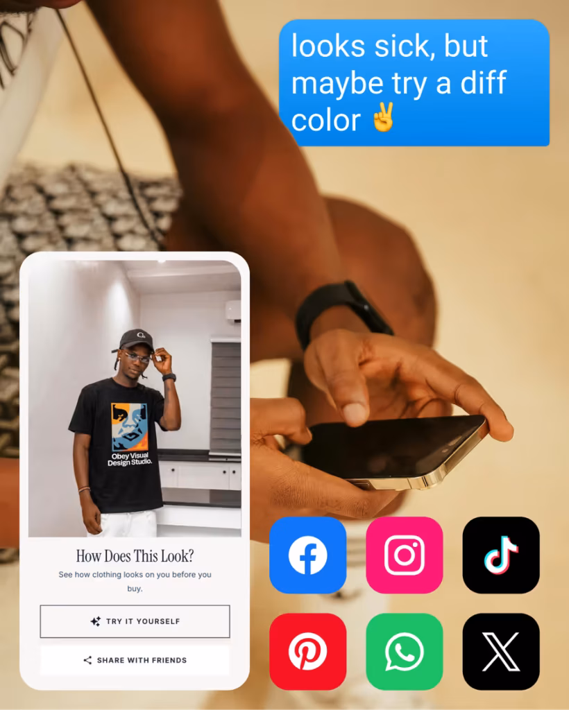 Person sharing a virtual try-on outfit result with friends through social media and messaging apps, showing how users can get real feedback on clothes before buying by sharing outfit previews instantly