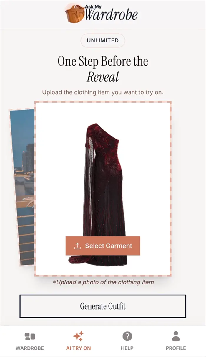 Ask My Wardrobe app screen showing the second step of virtual try-on clothes where users upload a clothing item photo, select a garment, and generate an outfit preview before seeing the final styled result