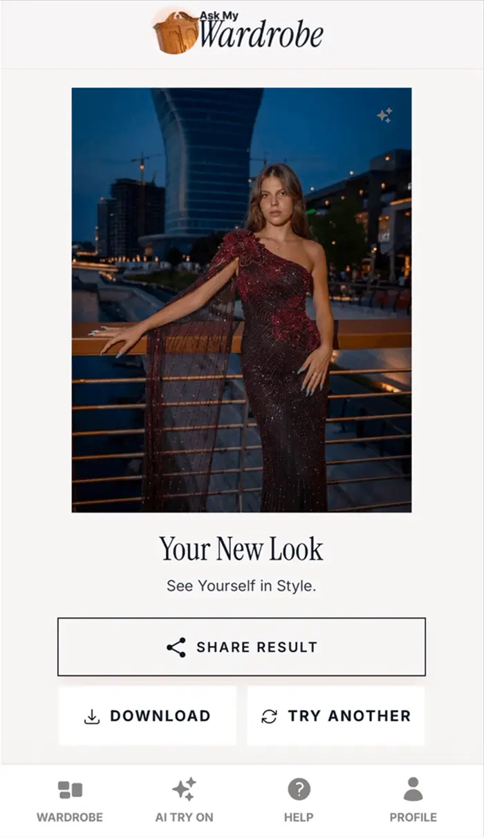 Ask My Wardrobe app result screen showing a completed virtual try-on clothes preview with a woman wearing a generated red evening dress, including options to share, download, or try another outfit look