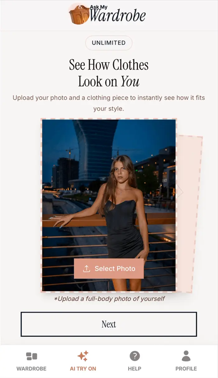 Ask My Wardrobe app screen showing the virtual try-on clothes process where users upload a full-body photo to see how clothes look on them, with a photo selection button and outfit preview before continuing