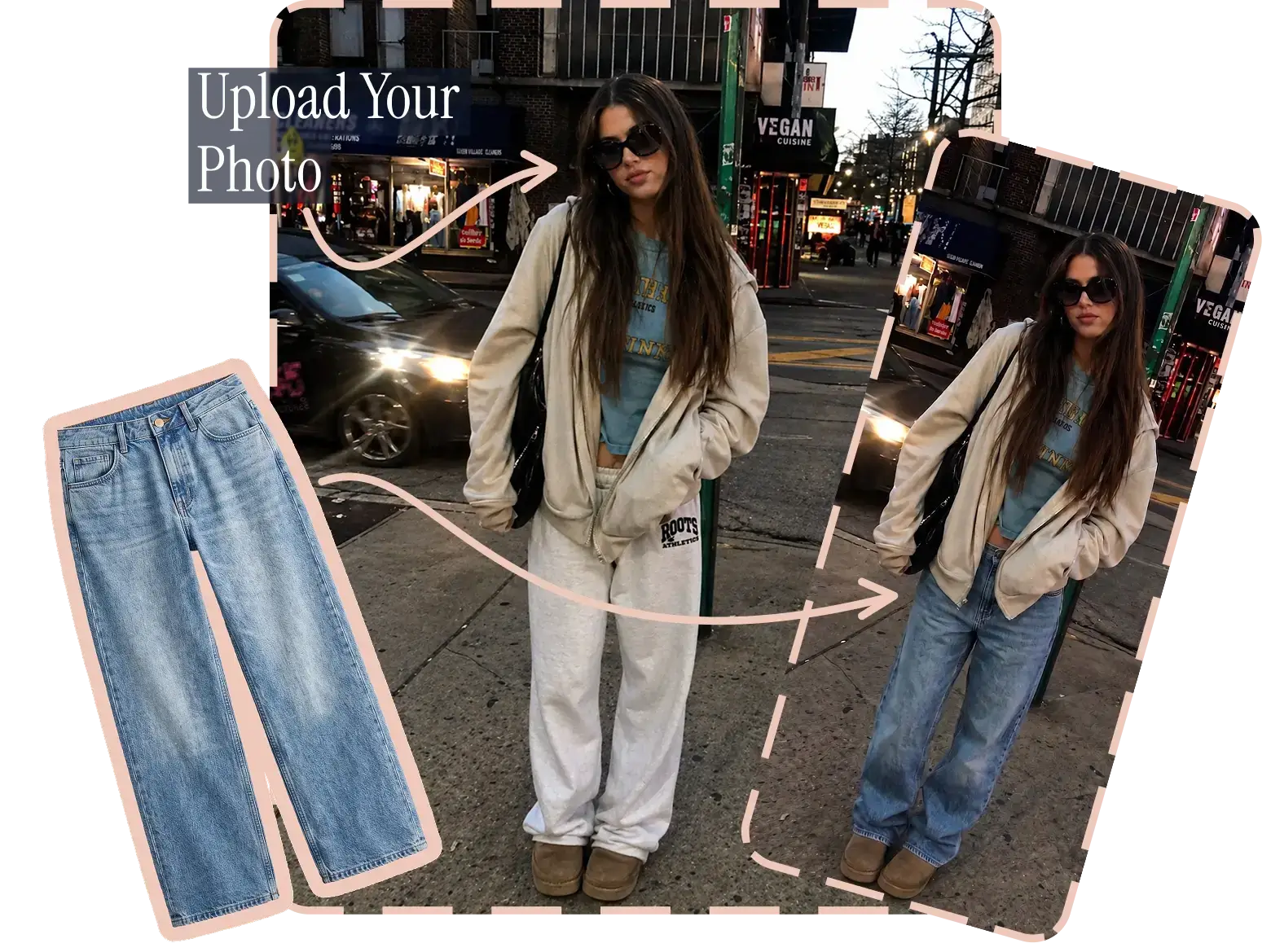 Ask My Wardrobe main hero image showing virtual try on clothes process where a user uploads their photo and a pair of jeans to see how the outfit looks on them, comparing the original look with the AI generated styled result