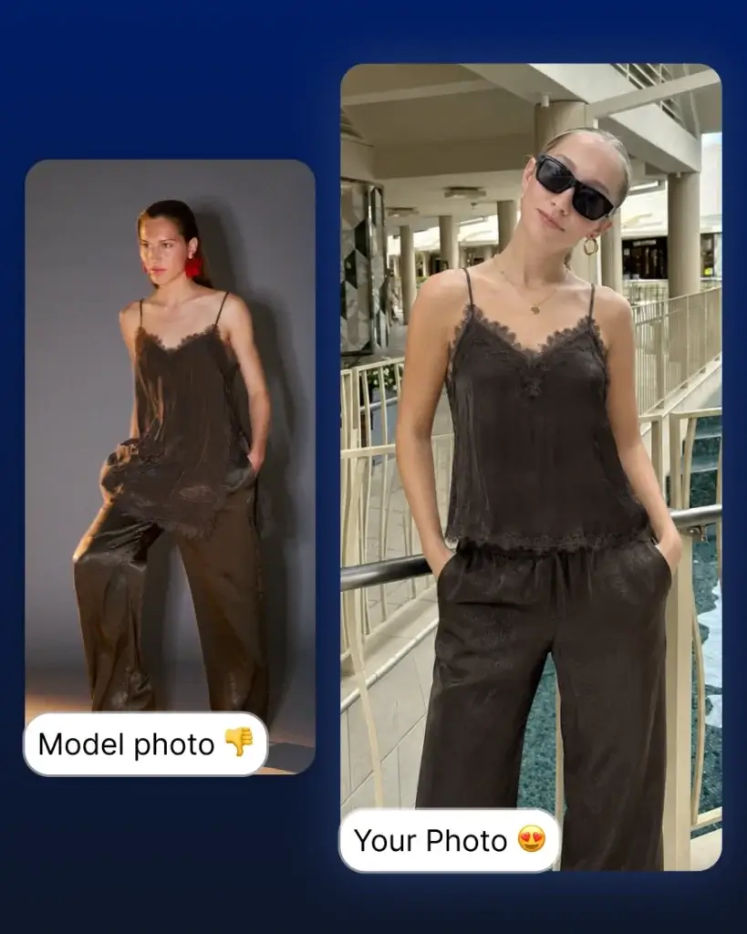 Comparison of a model photo and a personalized outfit photo showing how clothes look on your own body, with text explaining how to generate outfit previews before shopping online.