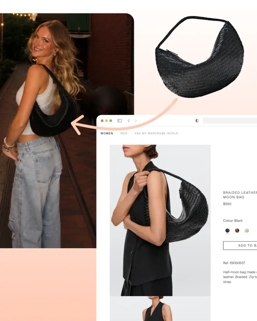 Woman wearing a black braided shoulder bag with product images shown beside her, demonstrating how to visualize accessories with existing outfits before buying online.