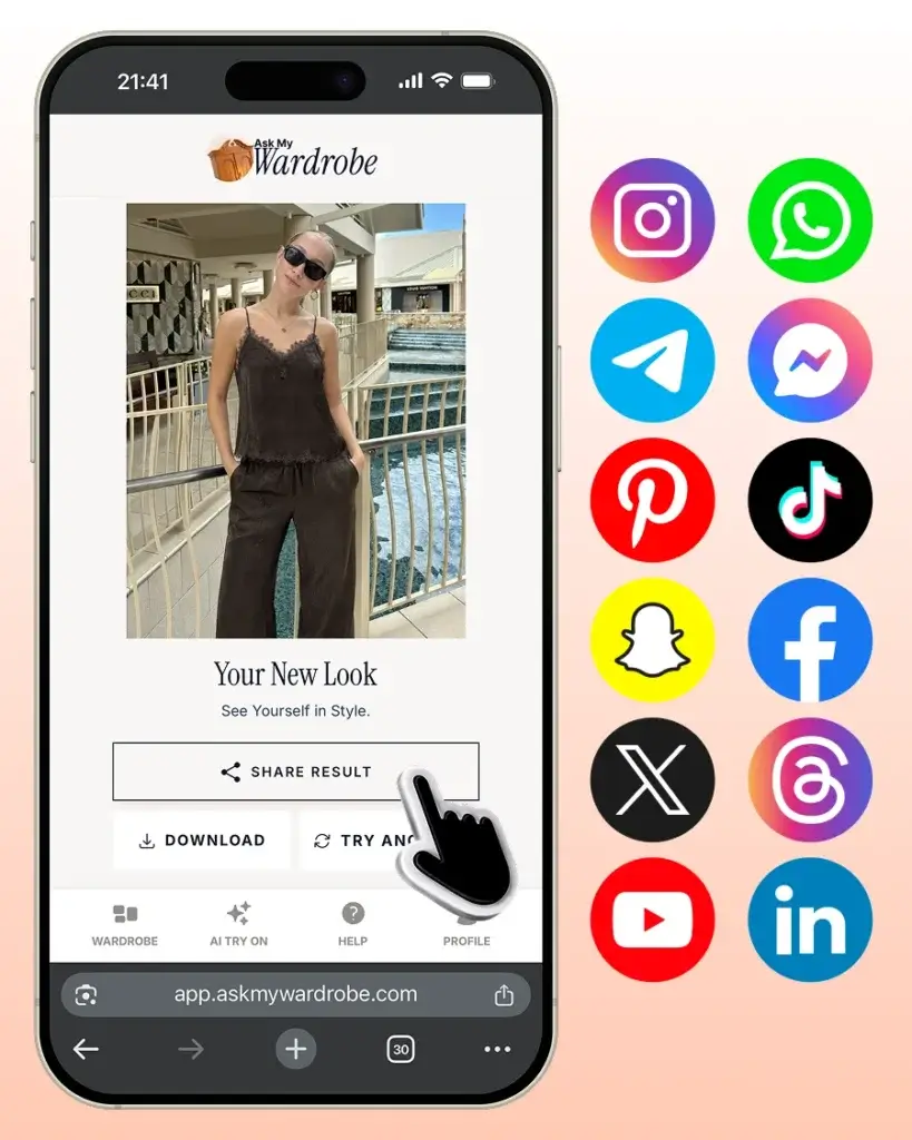 Phone screen showing an outfit result with a share button and social media app icons beside it, illustrating how users can instantly share outfit ideas and styling results with friends across different platforms.
