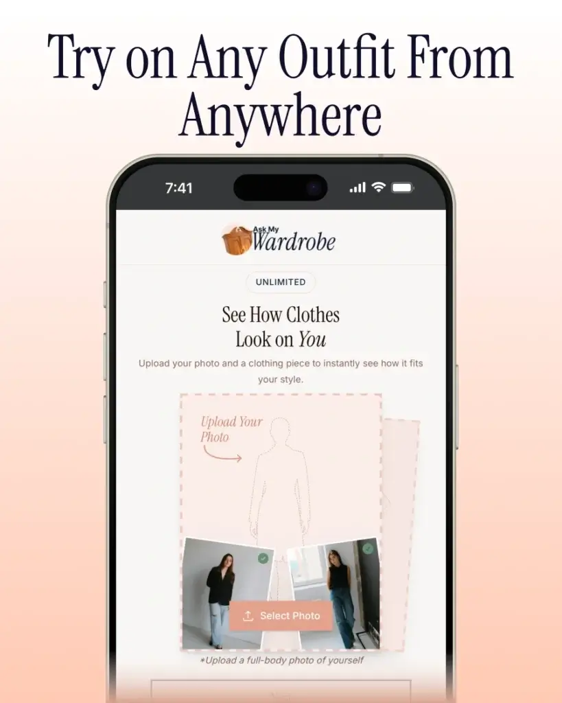 Phone screen displaying the Ask My Wardrobe app upload page where users can add their photo to try on outfits virtually and see how clothes look from anywhere.
