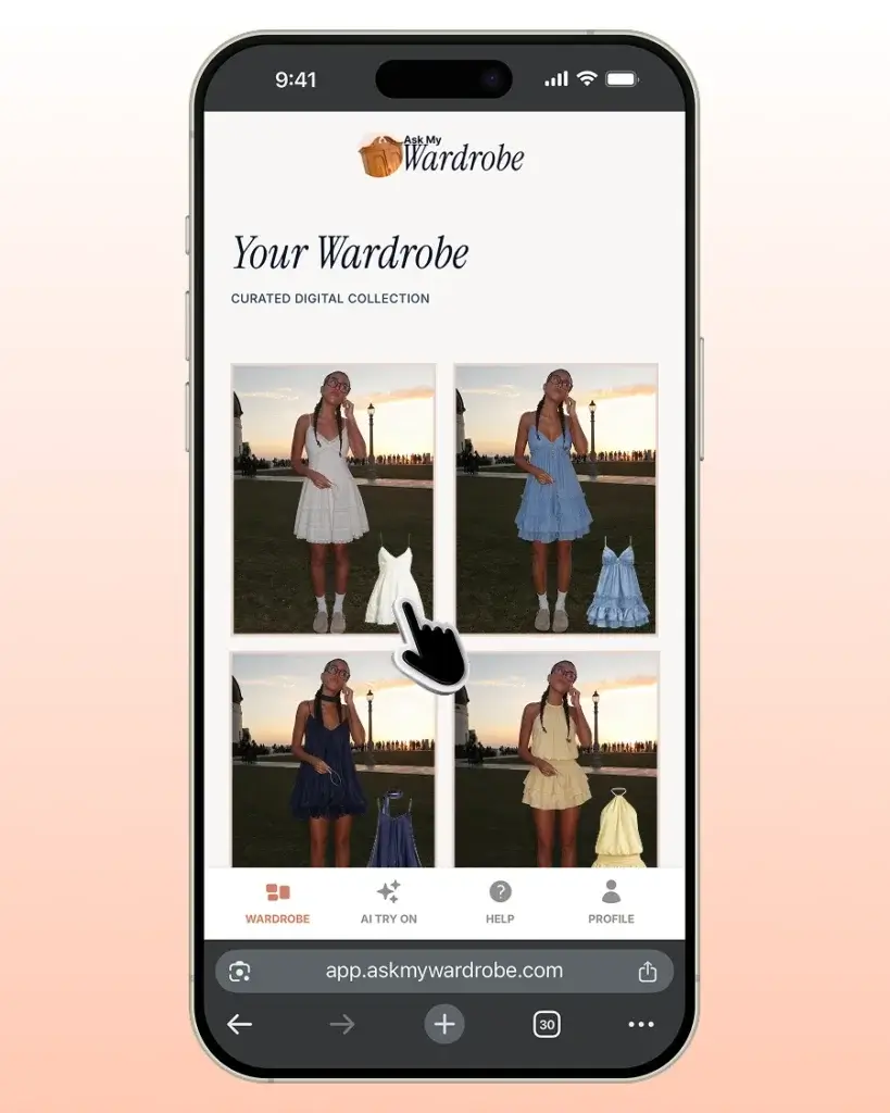 Phone screen displaying the Ask My Wardrobe digital wardrobe collection with multiple outfit variations, allowing users to save, organize, and compare different clothing looks.
