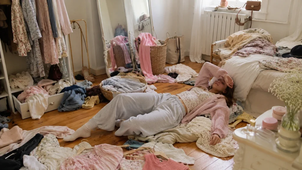 Woman overwhelmed by clothing choices lying among outfits scattered across her bedroom floor, illustrating the challenge of deciding what to wear and why people use AI to explore outfit options.