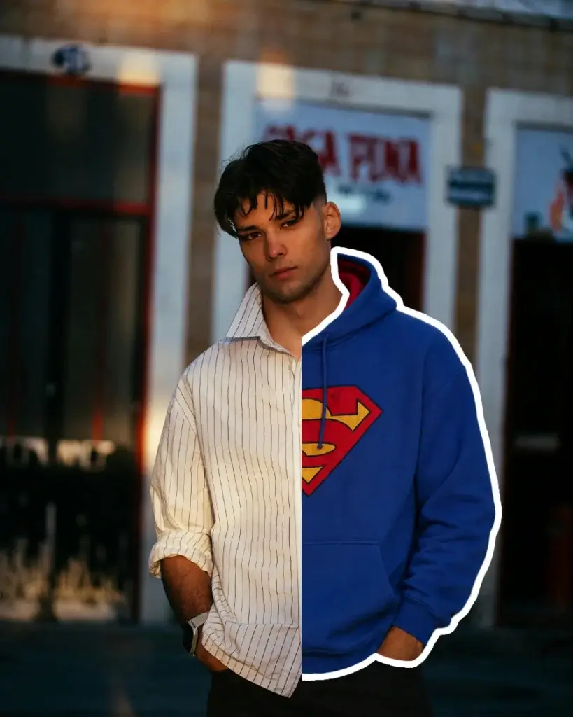 Person shown wearing two different outfits while keeping the same face, body type, hairstyle, and pose, illustrating how virtual try-on changes only the clothing and preserves the person's appearance.