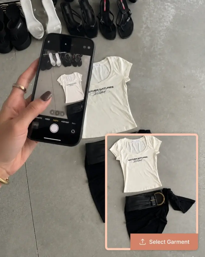 Person uploading clothing items from their own wardrobe to create outfit ideas, visualize how existing pieces work together, and discover new outfit combinations before buying additional clothes.