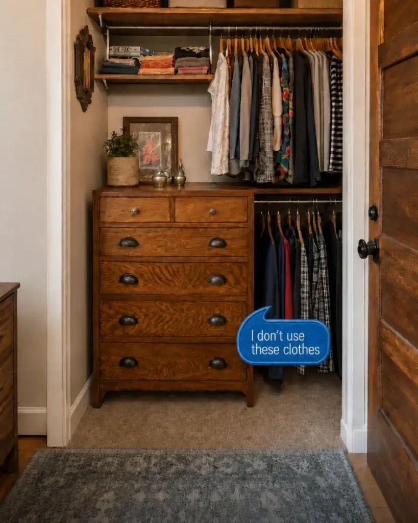 Closet with unworn clothes highlighted, illustrating how choosing outfits more carefully before buying can help avoid wasted purchases and build a wardrobe full of clothes you actually wear.
