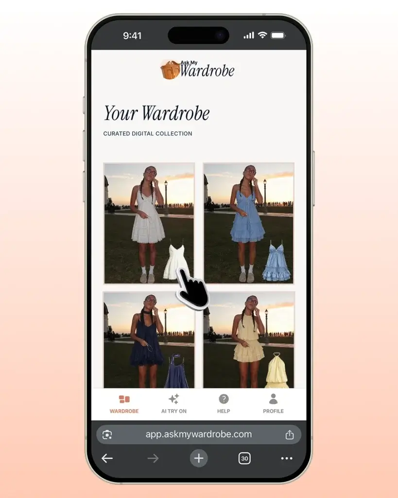 Digital wardrobe gallery in the Ask My Wardrobe app showing multiple outfit ideas generated on the same person, allowing users to see different clothing combinations on themselves, compare looks, and save favorite outfit inspirations for future styling decisions