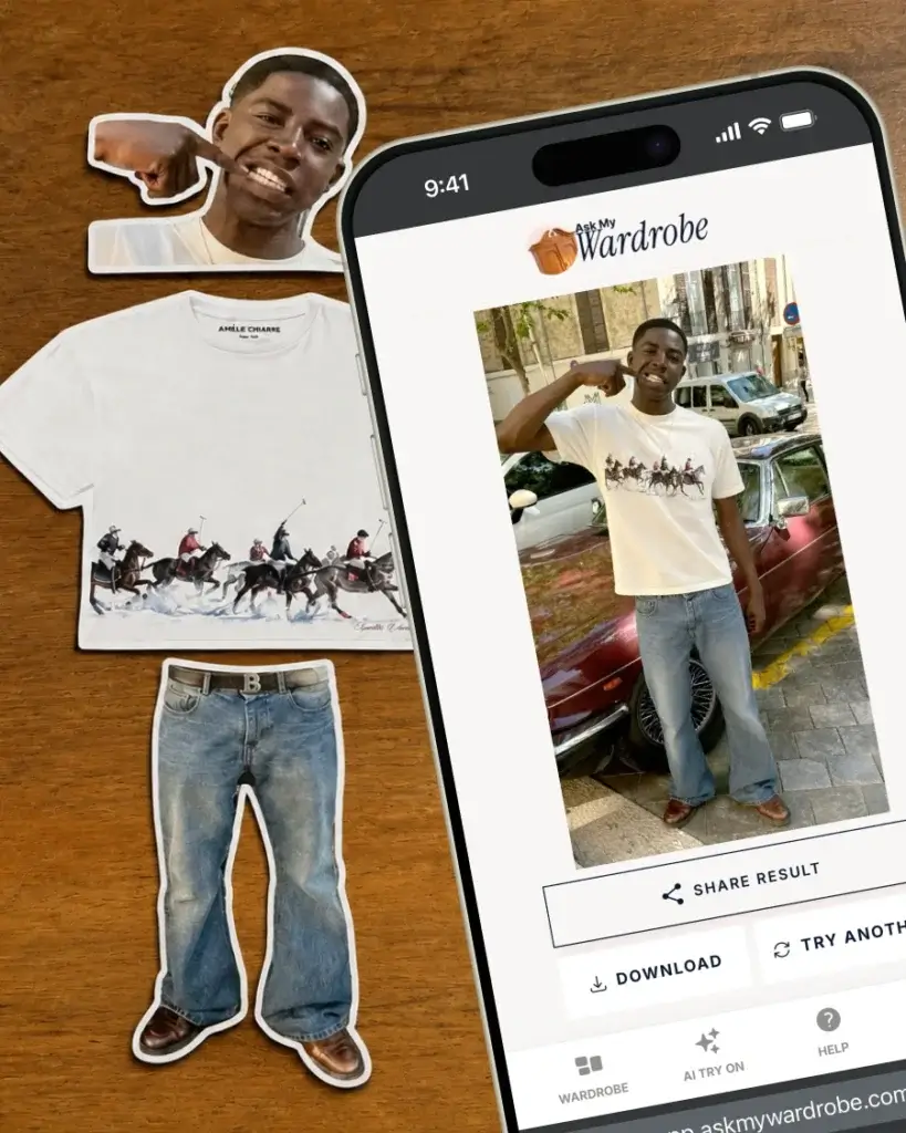 Person visualizing an outfit idea on themselves using the Ask My Wardrobe app, with a photo, clothing pieces, and generated outfit preview showing how an imagined look would appear in real life before wearing or buying it.