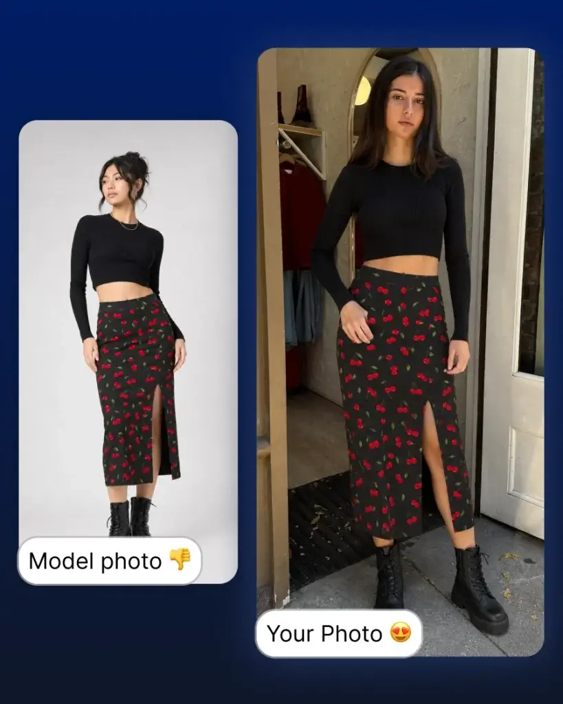 Side-by-side comparison of a model photo and a personalized outfit preview, showing how the same clothes can look different on your own body and photo.
