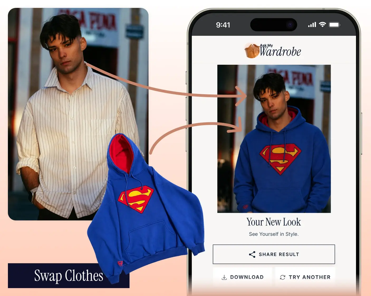 Swap Clothes Online and see yourself wearing different outfits on the same photo, comparing your original look with a new clothing item to visualize styles, colors, and outfit combinations before deciding what to wear or buy.