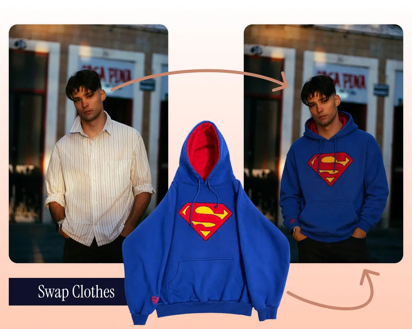 Swap Clothes Online and see yourself wearing different outfits on the same photo, comparing your original look with a new clothing item to visualize styles, colors, and outfit combinations before deciding what to wear or buy.
