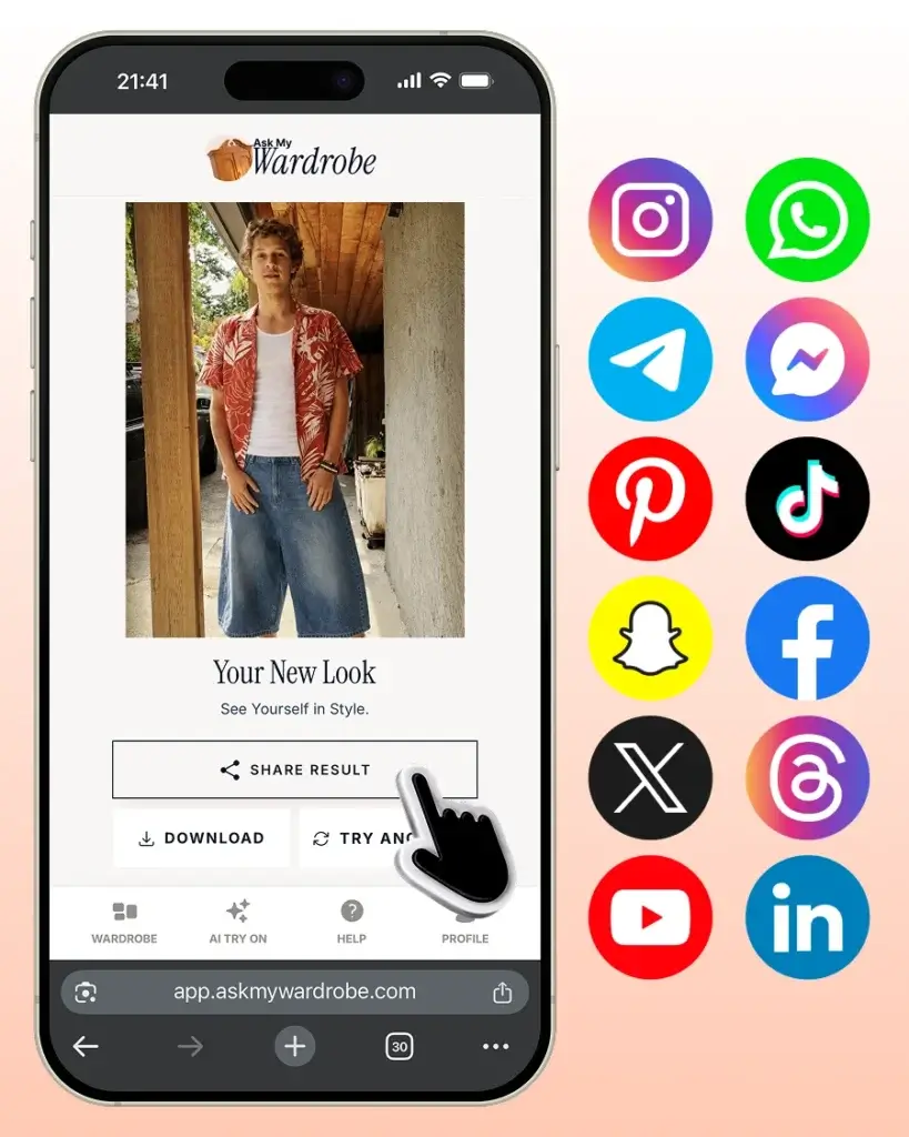 Person sharing an outfit preview with friends and family through messaging and social media apps, making it easy to get feedback on clothing choices before deciding what to wear or buy.