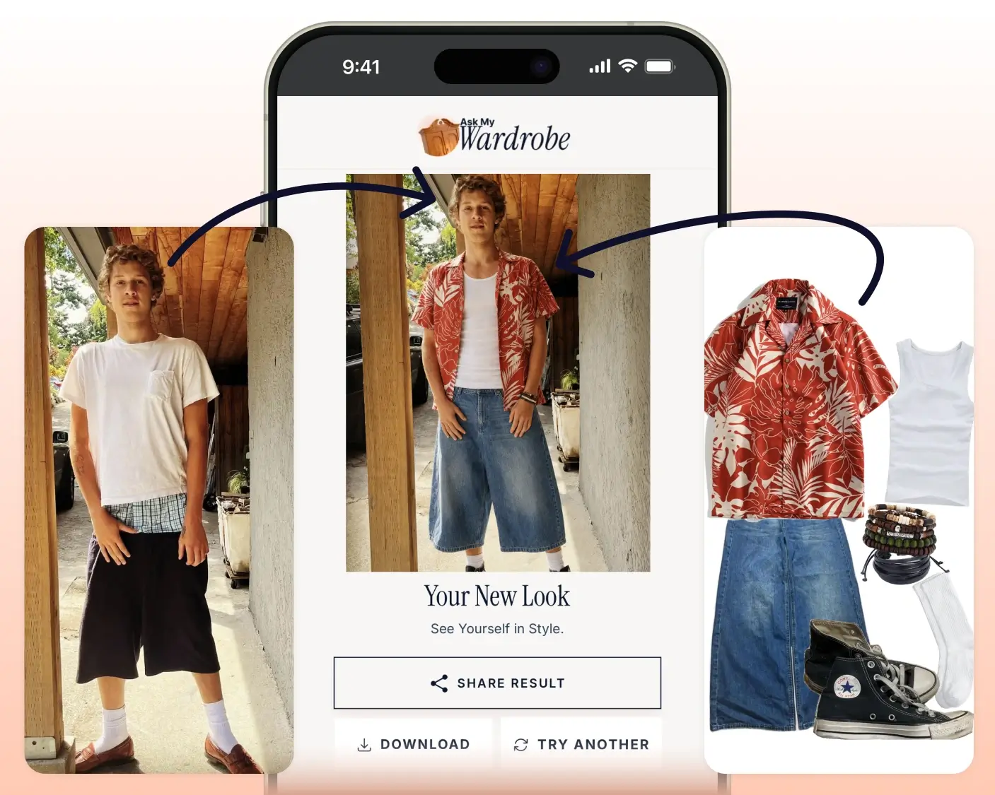 AI outfit generator example showing a user photo transformed into a complete styled outfit, with the original image, selected clothing pieces, and generated outfit preview displayed in the Ask My Wardrobe mobile tool before sharing or downloading the result