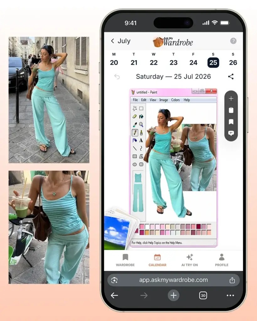 Custom outfit canvas combining digital wardrobe items, uploaded photos, background removal, and a personalized layout, helping users arrange clothing visually and create a complete outfit plan from scratch.