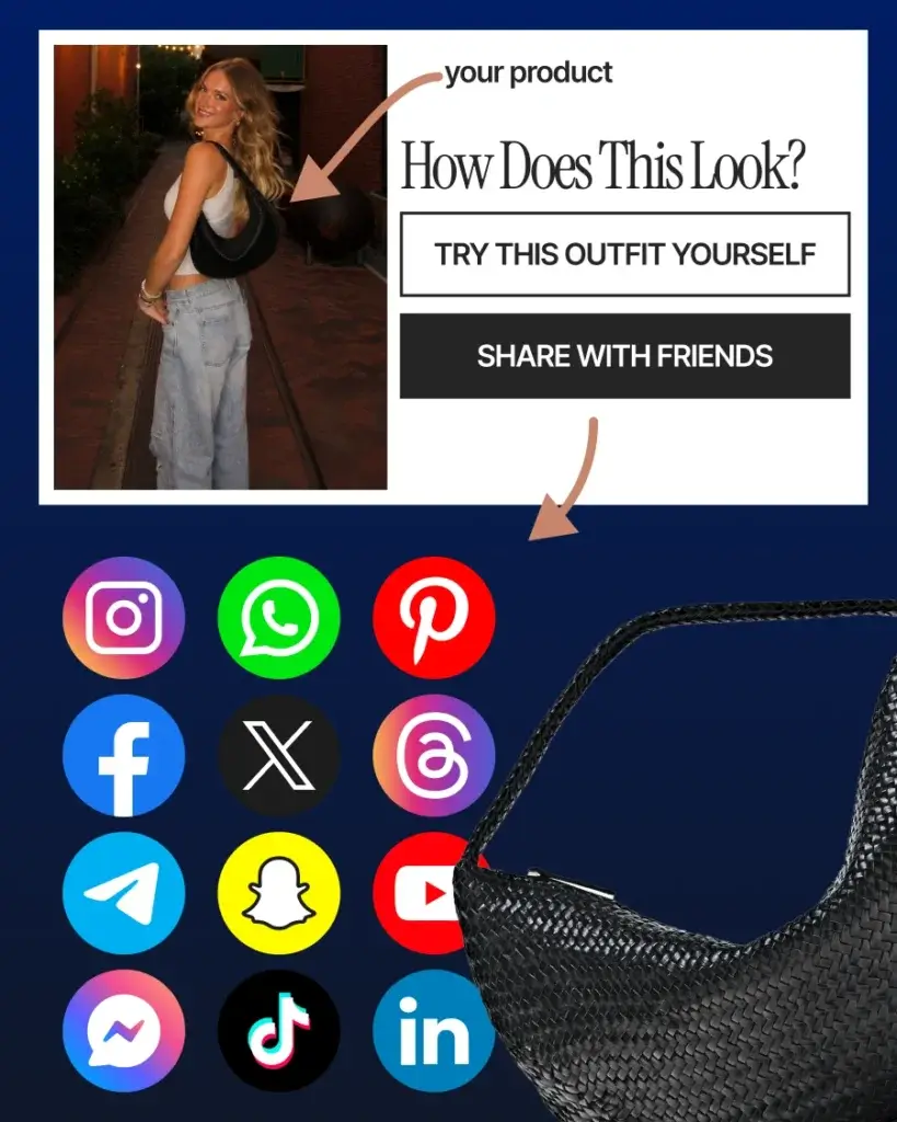 Shareable virtual try-on image featuring a fashion handbag, showing how shoppers can share outfit results with friends through Instagram, WhatsApp, Facebook, TikTok, Pinterest, Telegram, and other social platforms to get feedback and discover products.