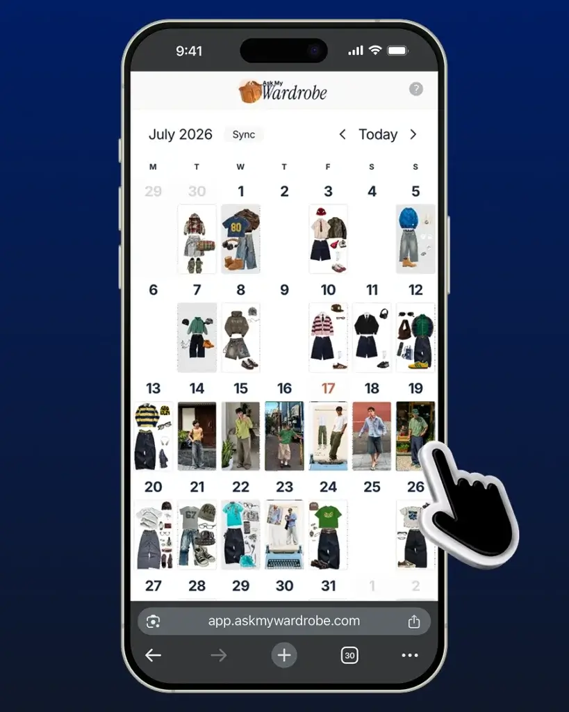 Monthly outfit calendar showing planned looks for different dates, helping users quickly see which days already have outfits prepared and which days still need planning.
