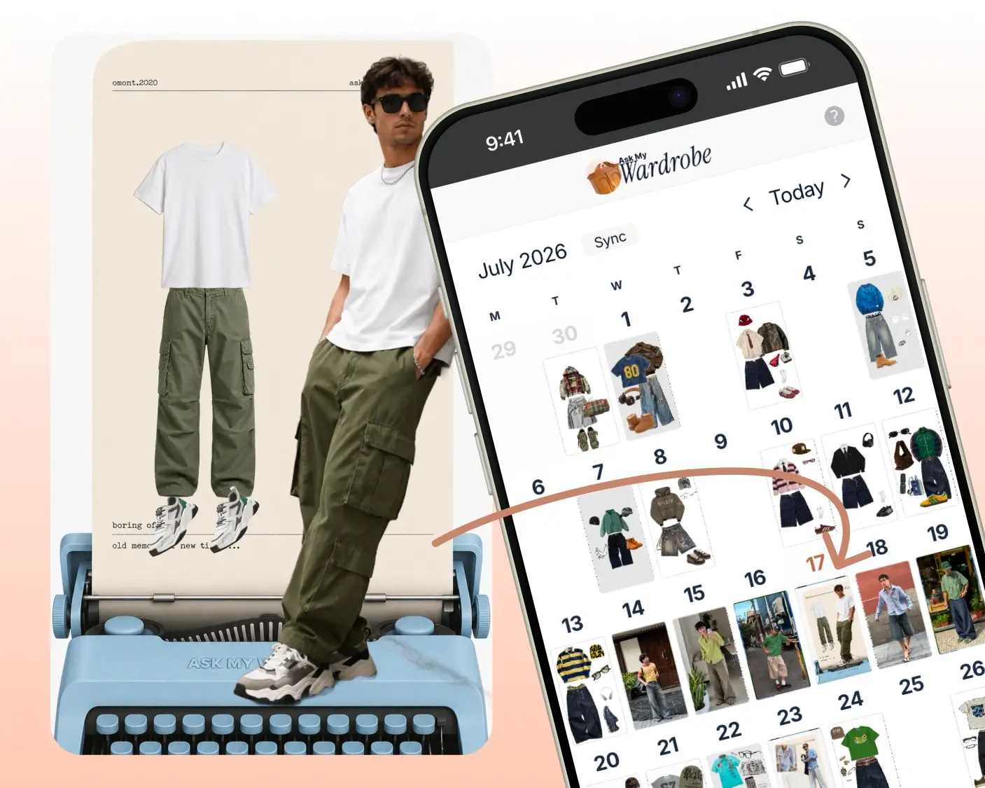Outfit planner online displaying planned daily looks across a monthly calendar beside a completed outfit, helping users organize clothing combinations and decide what to wear before each day.