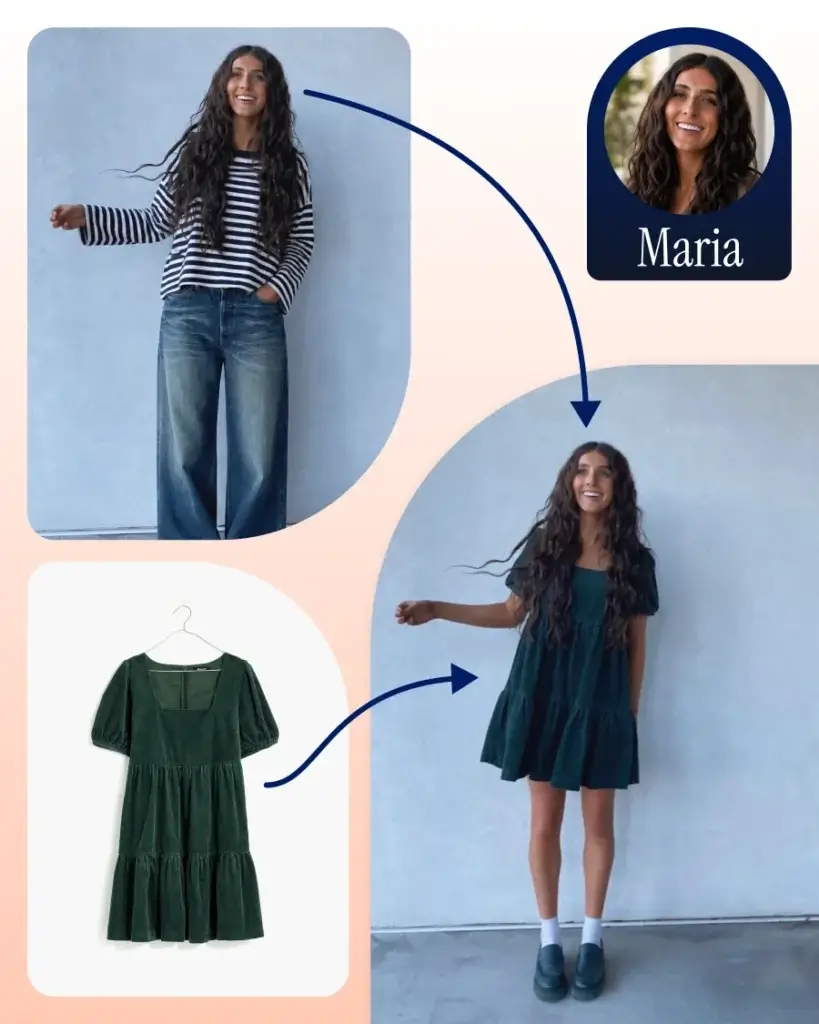 Woman using virtual try-on technology to see how a green dress looks on her own photo before buying online, helping shoppers gain confidence and reduce purchase hesitation by visualizing products on themselves instead of relying only on model photos.