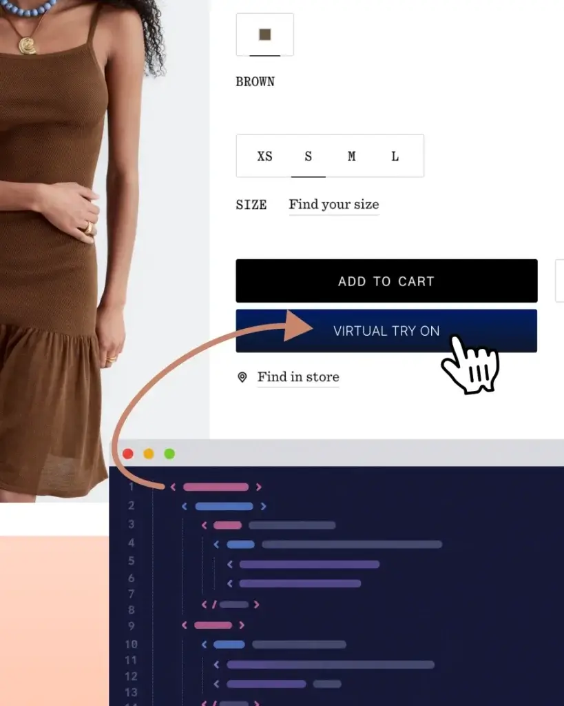 Virtual try-on button added to an existing fashion product page, with a code interface illustration showing how the try-on system can be integrated into Shopify, WooCommerce, Etsy, and other e-commerce stores without requiring the merchant to handle development work.