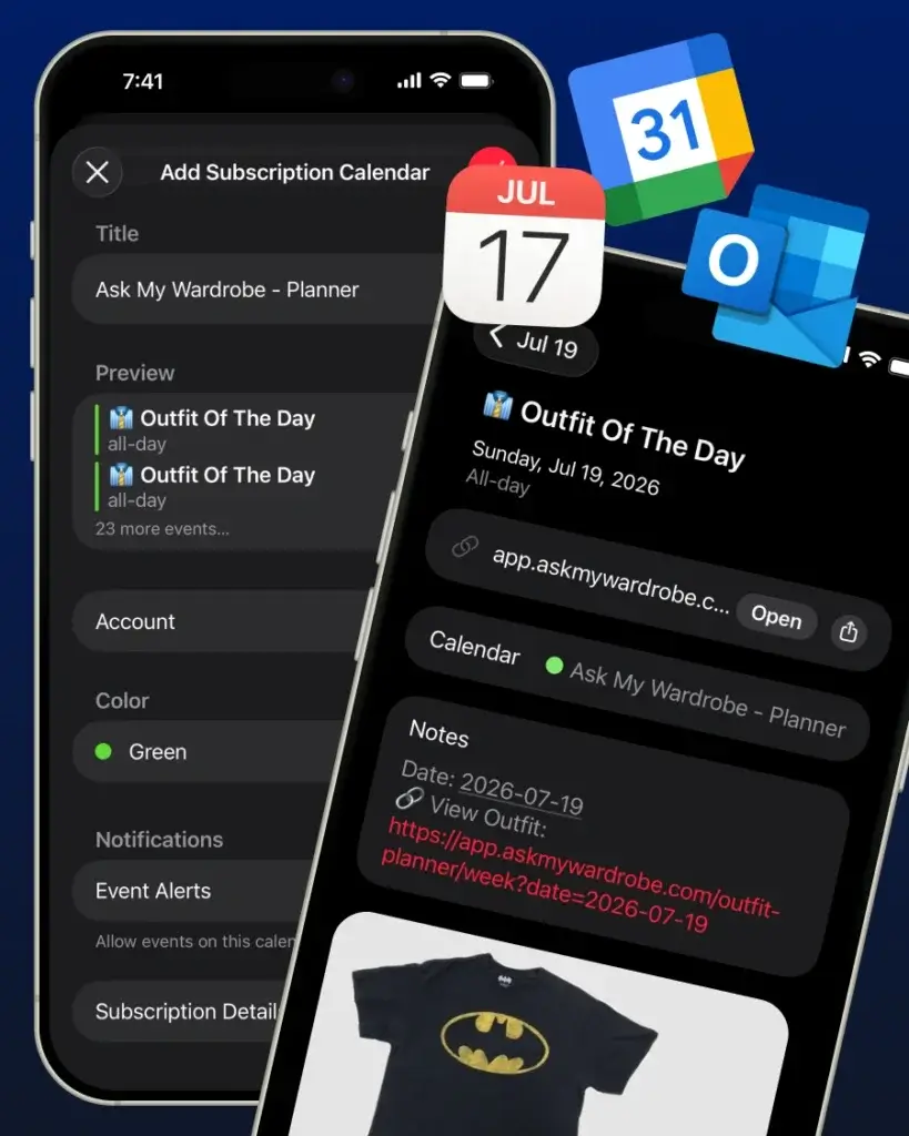 Outfit planner calendar sync showing planned looks added to Apple Calendar, Google Calendar, and Outlook, helping users keep each outfit connected to the correct day alongside their other plans.
