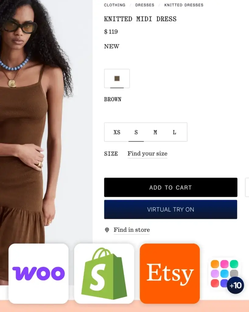 Virtual try-on button integrated into an online clothing store product page, showing how Ask My Wardrobe works with Shopify, WooCommerce, Etsy, custom websites, and other e-commerce platforms to let shoppers try on clothes before buying.