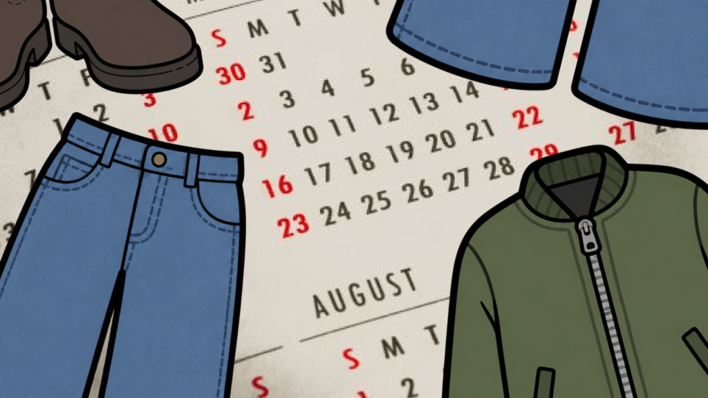 Outfit planner launch illustration showing clothing pieces around a calendar, representing a new feature that helps users prepare daily looks ahead of time instead of starting from zero each morning.