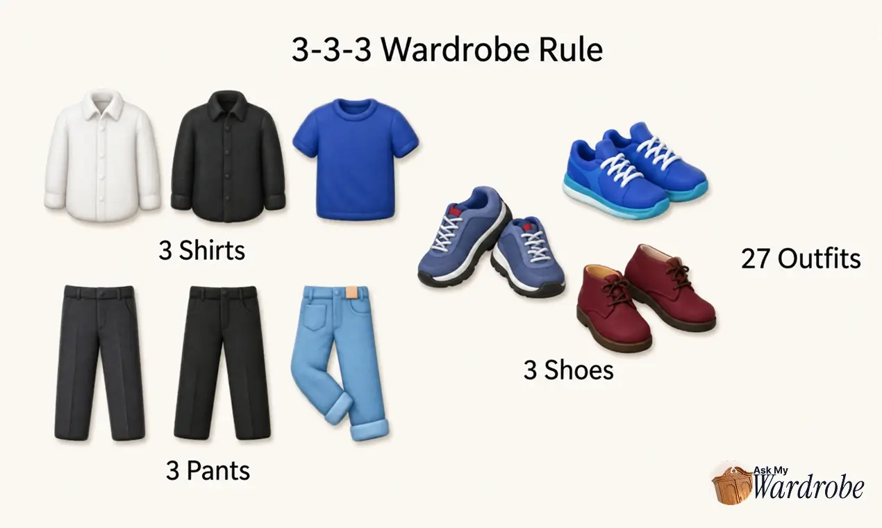 The 3-3-3 wardrobe rule combines three shirts, three pairs of pants, and three pairs of shoes to create up to 27 different outfits.