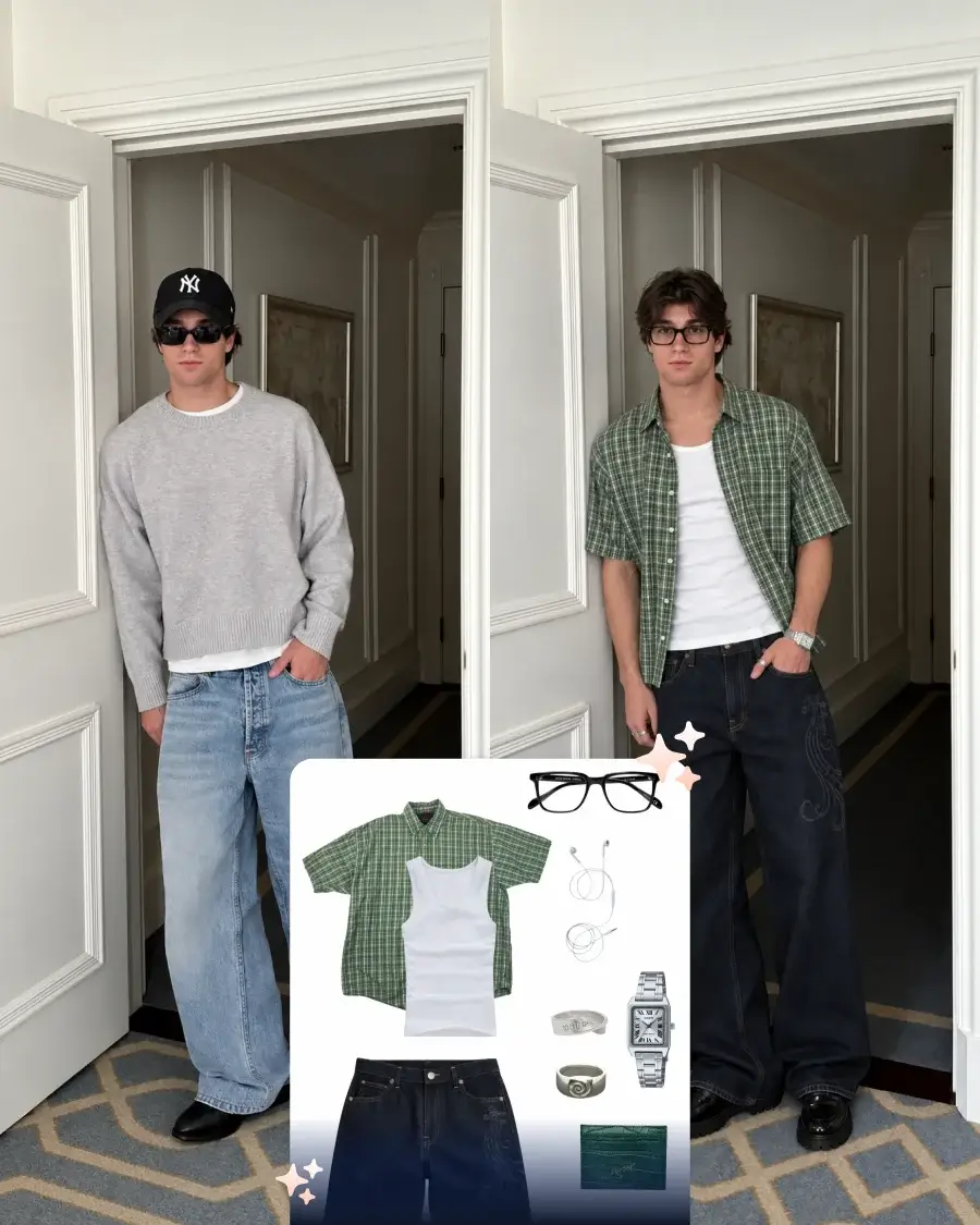 Side-by-side photos of a man wearing different outfits, with the clothing and accessories for the second look displayed below.