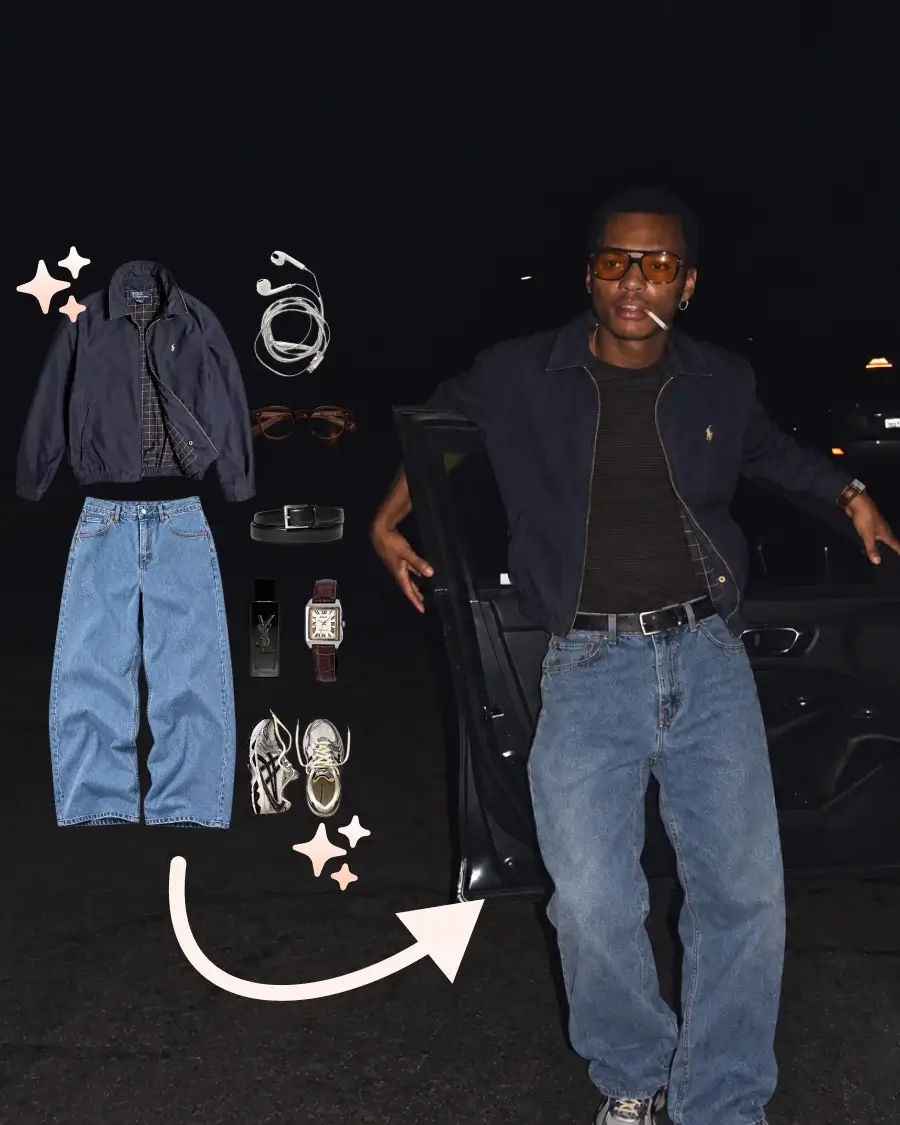 AI outfit idea shown as a collection of clothes and accessories beside a photo of a man wearing the completed look.