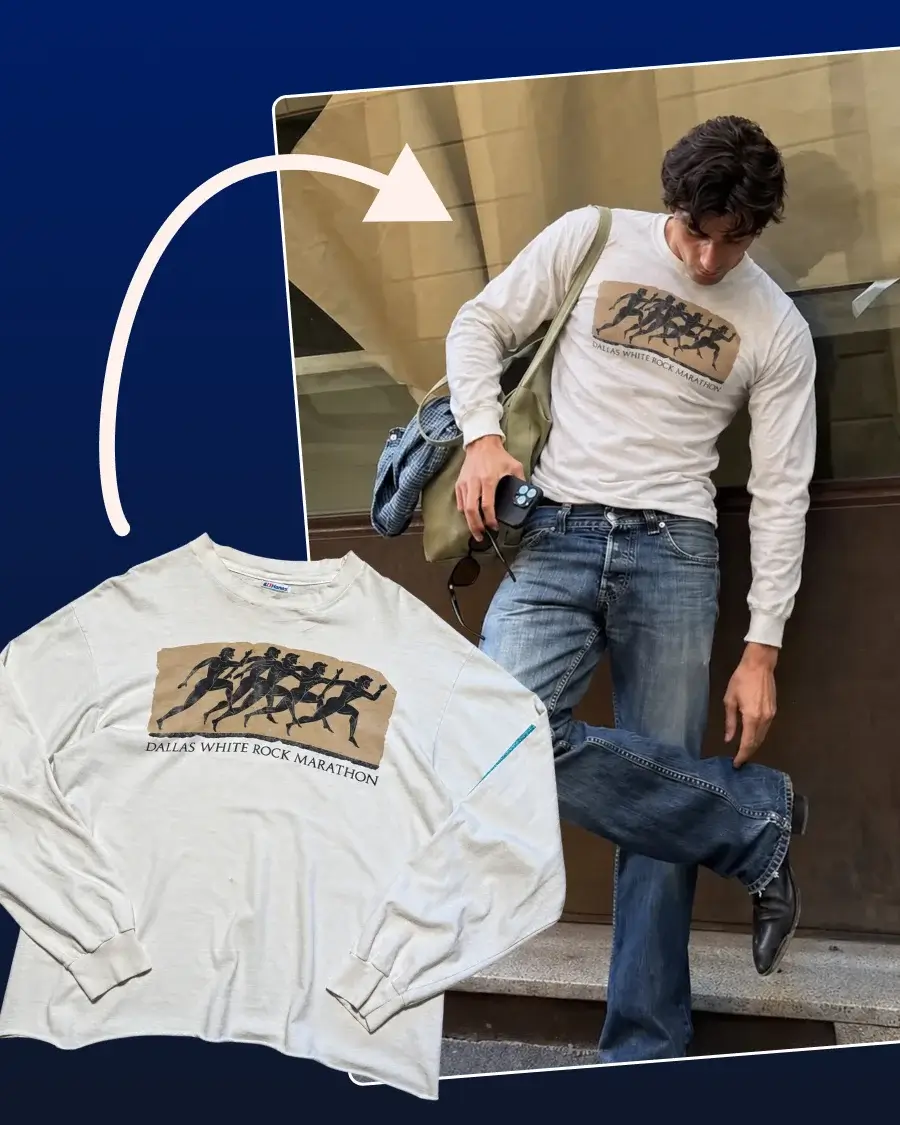 A photo of a white graphic shirt beside an AI image of a man wearing it with jeans.