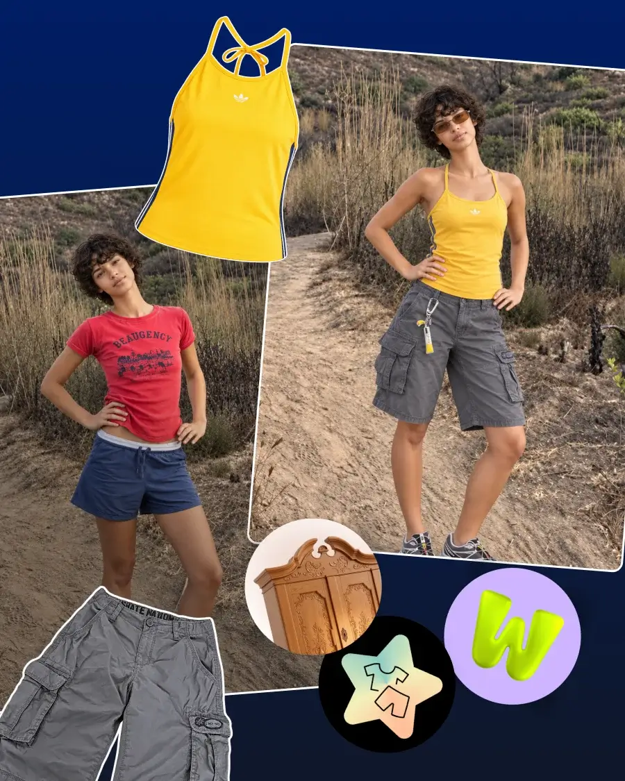A woman’s photo, a yellow top and gray shorts, and a preview of her wearing the new outfit.