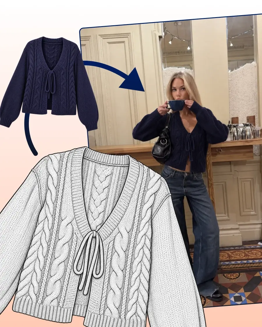 AI clothing design example showing a navy cable-knit cardigan concept sketch transformed into a realistic garment and virtually worn by a woman.