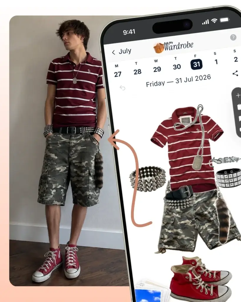 Personalized outfit planner showing clothes arranged on a daily canvas and worn as a complete look, helping users organize outfits, use their digital wardrobe, and plan what to wear ahead of time.