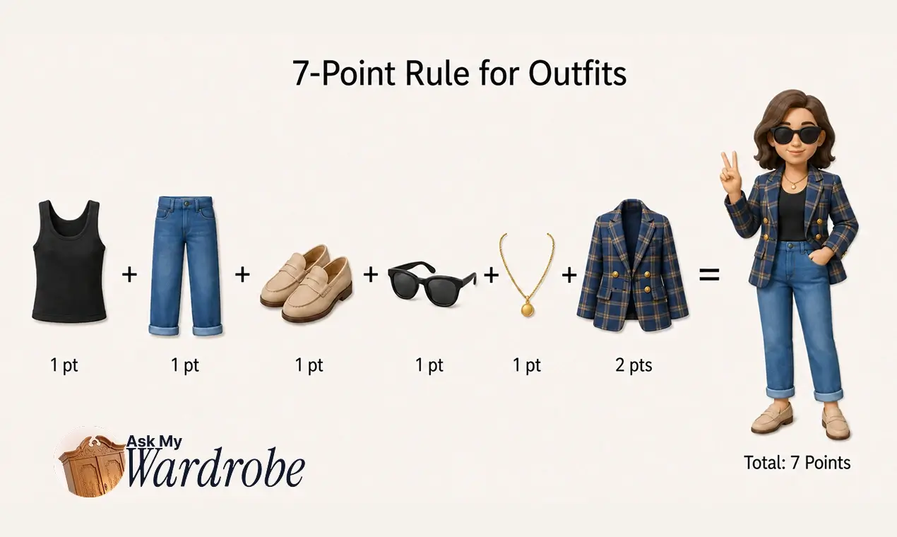 The 7-point outfit rule illustrated with five basic pieces worth one point each and a statement blazer worth two points, creating a balanced seven-point outfit.