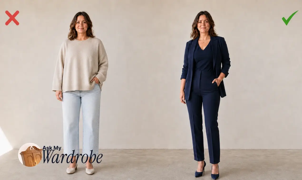 Outfit comparison showing how a monochromatic fitted look with a blazer and V-neck creates a longer, more defined silhouette than loose, lightly colored clothing.