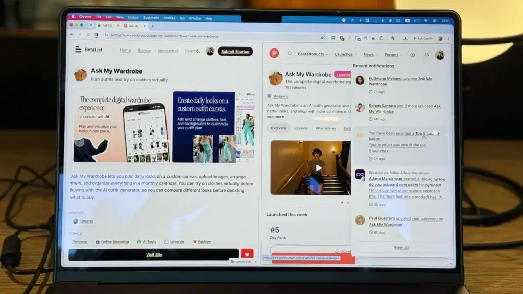 Ask My Wardrobe displayed on BetaList and Product Hunt side by side, showing the startup’s top 5 BetaList launch and #5 Product of the Day ranking on Product Hunt.